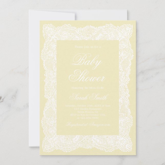 Invitation Baby-Shower Jaune Beurre Dentelle (Devant)