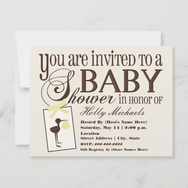 Invitation Baby shower jaune cigogne sophistiquée (Devant)