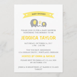 Invitation Baby shower jaune de l'éléphant neutre selon le se