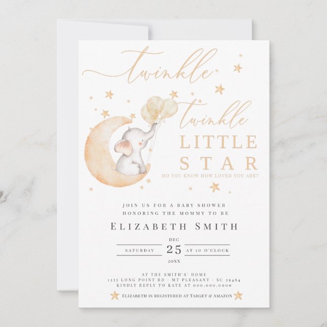 Invitation Baby shower jaune d'éléphant Twinkle Little Star (Devant)