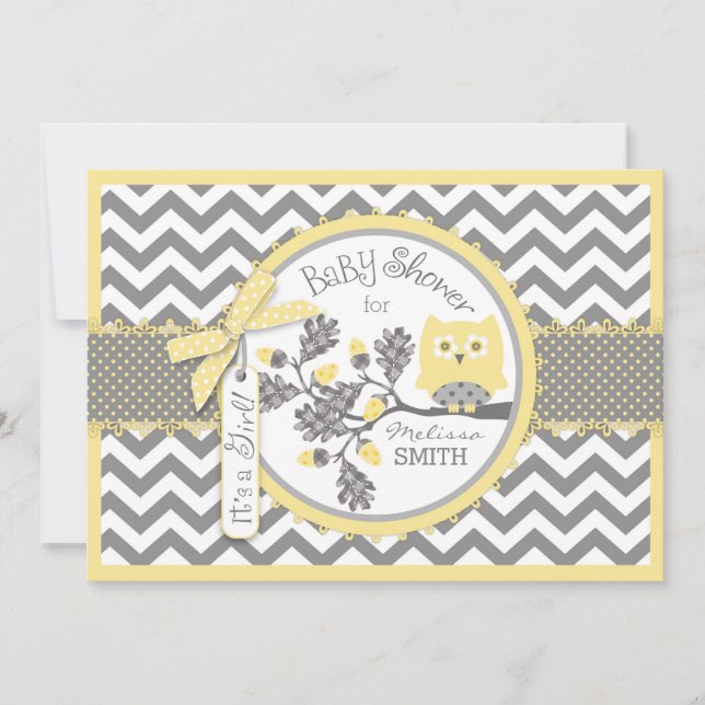 Invitation Baby shower jaune d'impression de Chevron de hibou (Devant)