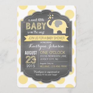 Invitation Baby shower jaune éléphant et points