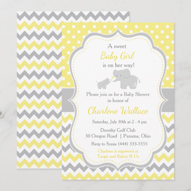 Invitation Baby shower jaune et gris éléphant (Devant / Derrière)