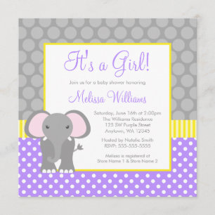 Invitation Baby shower jaune gris pourpre de fille d'éléphant