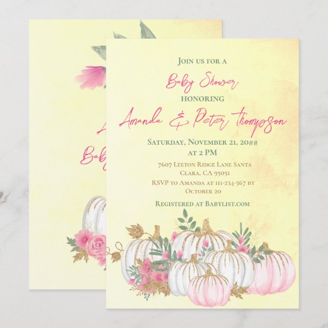 Invitation Baby shower jaune or rose rose Citrouille moderne (Devant / Derrière)
