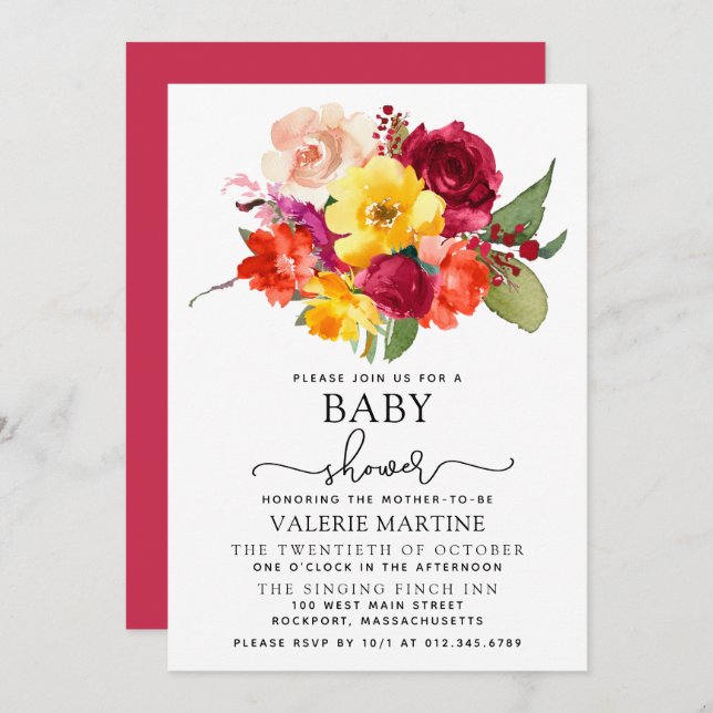 Invitation Baby shower jaune orange rose bordeaux (Devant / Derrière)