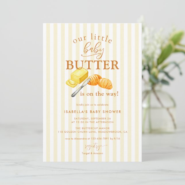 Invitation Baby-Shower Jaune Rayé Beurre (Debout devant)