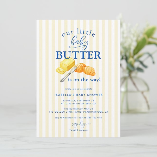 Invitation Baby-Shower Jaune Rayé Beurre (Debout devant)