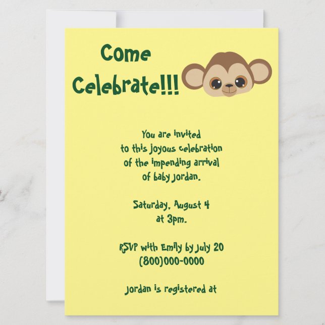 Invitation Baby shower jaune singe bébé (Devant)