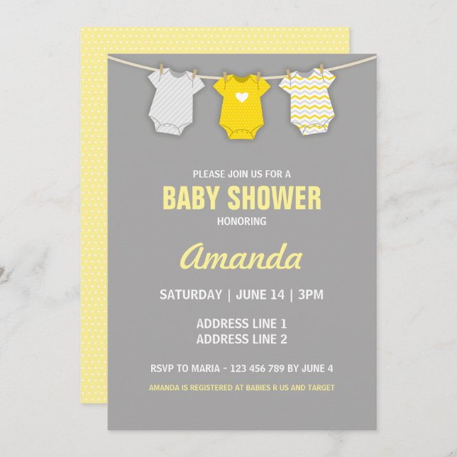 Invitation Baby shower Jaune, Thème Clothesline (Devant / Derrière)