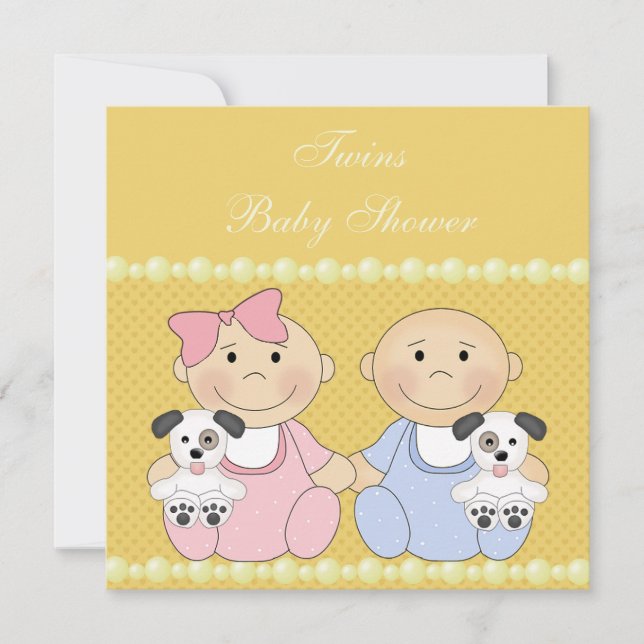 Invitation Baby shower jaune Twin & Puppies (Devant)