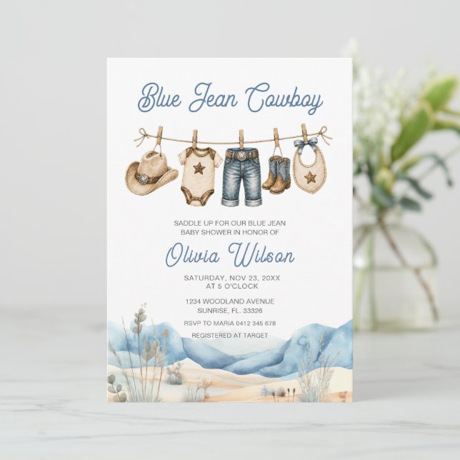 Invitation Baby Shower Jean Bleu Occidental (Debout devant)