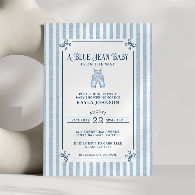 Invitation Baby Shower Jean Bleu Rayure Côtière Nœuds (Créateur téléchargé)