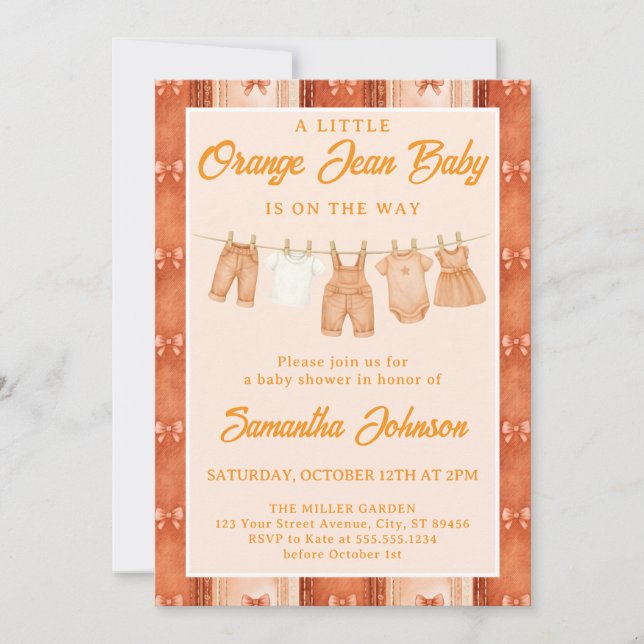 Invitation Baby Shower Jean Orange Denim (Devant)