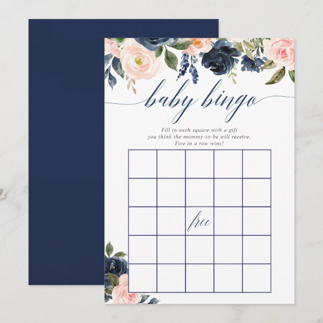 Invitation Baby shower jeu de bingo Blush rose marine bleu fl (Devant / Derrière)