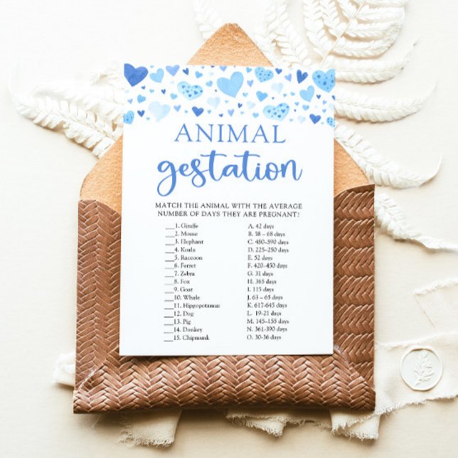 Invitation Baby Shower Jeu de gestation d'animaux Blue Valent (Watercolor Cute Blue Hearts Valentine Sweetheart February Boy Animal Gestation Baby Baby Shower Game)