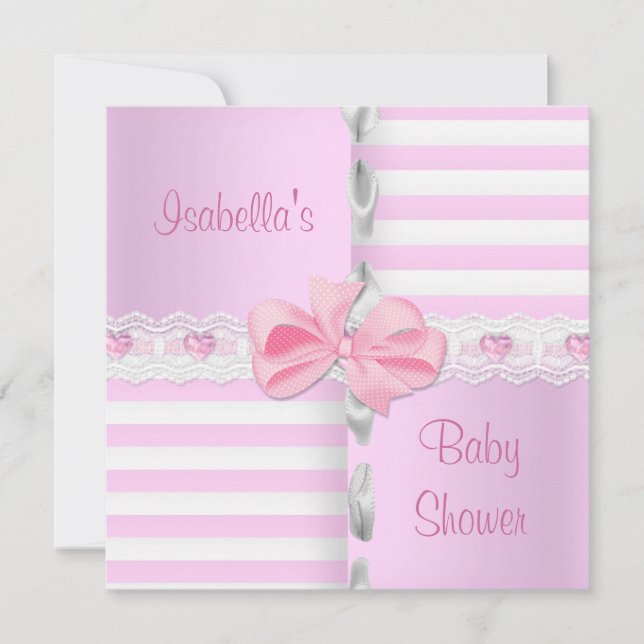 Invitation Baby Shower Joli Satin Rose Blanc Rayure Arc (Devant)