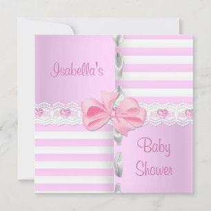 Invitation Baby Shower Joli Satin Rose Blanc Rayure Arc