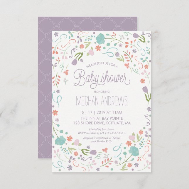 Invitation Baby shower, jolie fille des fleurs Inv (Devant / Derrière)