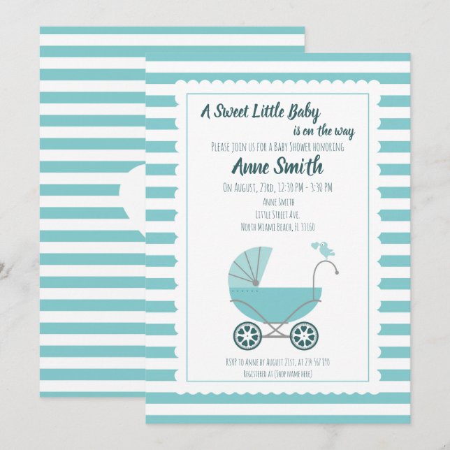 Invitation Baby shower jolie voiture bleue (Devant / Derrière)