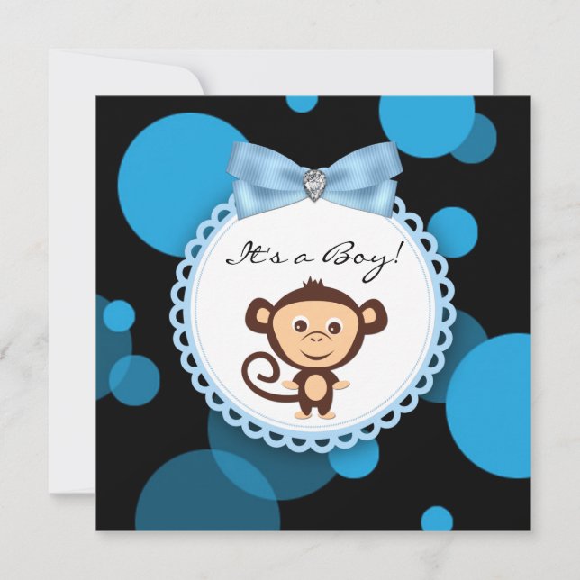 Invitation Baby Shower Joyeux Singe Bleu (Devant)