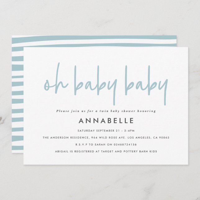 Invitation Baby shower jumeau bleu moderne typographie simple (Devant / Derrière)