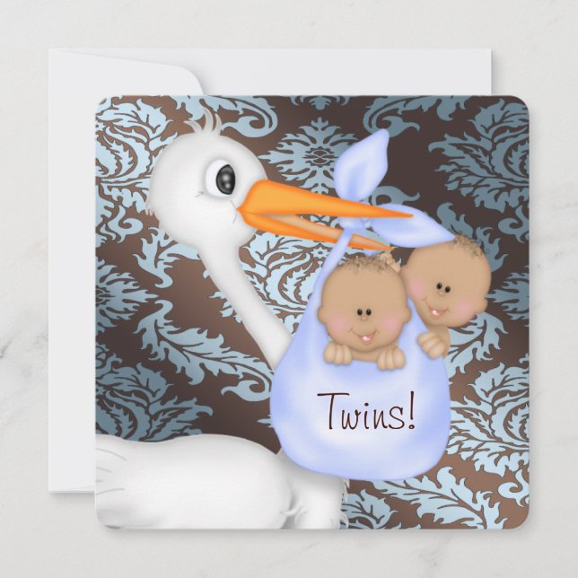 Invitation Baby shower jumeau Brown et Bébé bleu Damas (Devant)