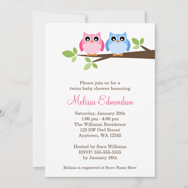 Invitation Baby shower jumeau de branche d'arbre de hiboux de (Devant)