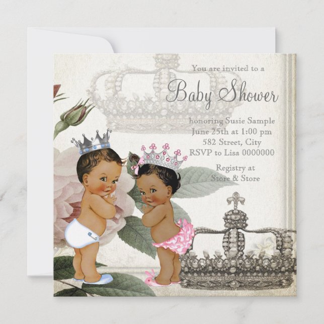 Invitation Baby shower jumeau ethnique Prince et Princesse (Devant)
