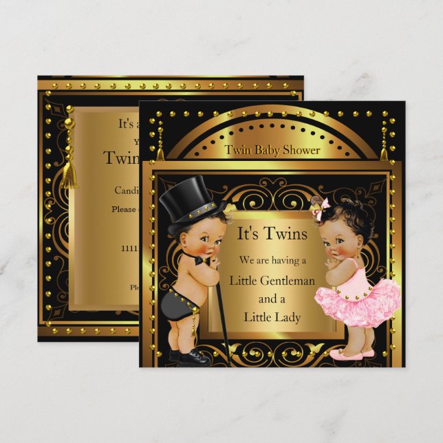 Invitation Baby shower jumeau garçon et fille Gold Brunette (Devant / Derrière)