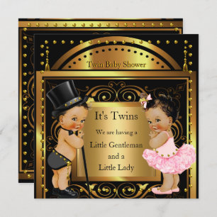 Invitation Baby shower jumeau garçon et fille Gold Brunette