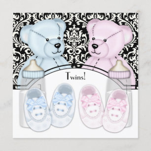 Invitation Baby shower jumeau noir Damask bleu rose Teddy Bea
