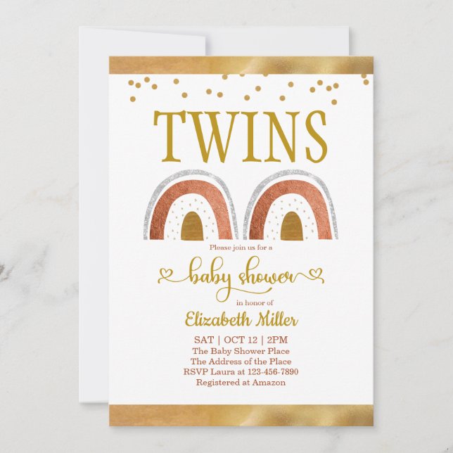 Invitation Baby shower Jumeau Or Arc-en-Ciel Boho (Devant)