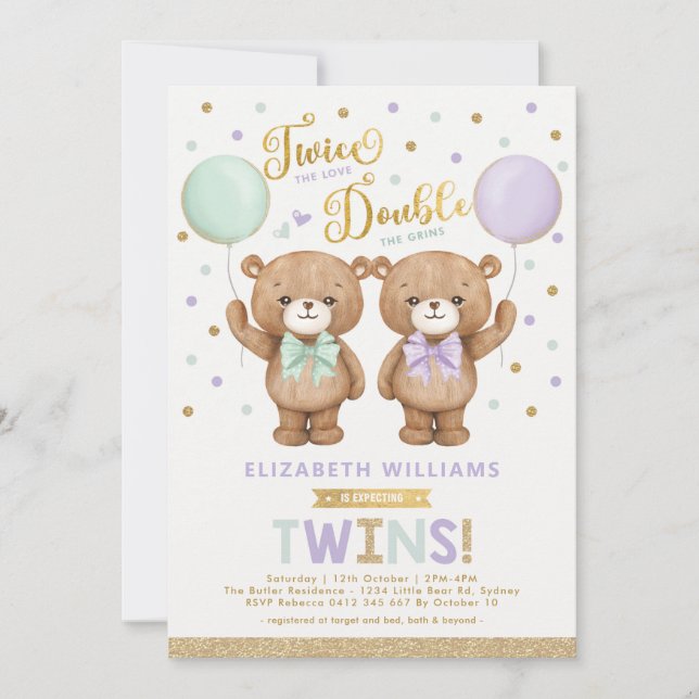 Invitation Baby shower jumeau pourpre Mint Teddy Bear Balloon (Devant)