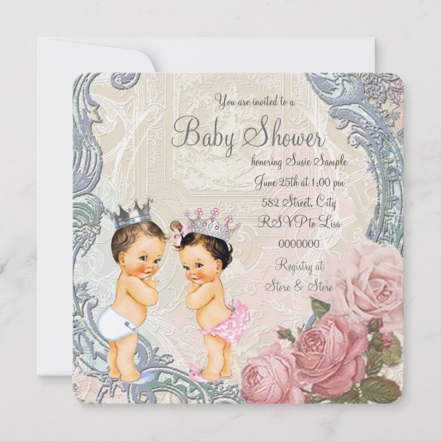 Invitation Baby shower jumeau Prince et Princesse (Devant)