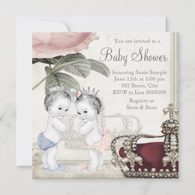 Invitation Baby shower jumeau Prince et Princesse (Devant)