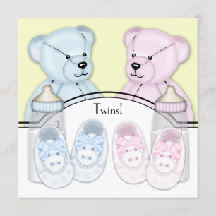 Invitation Baby shower jumeau rose bleu Teddy Bear