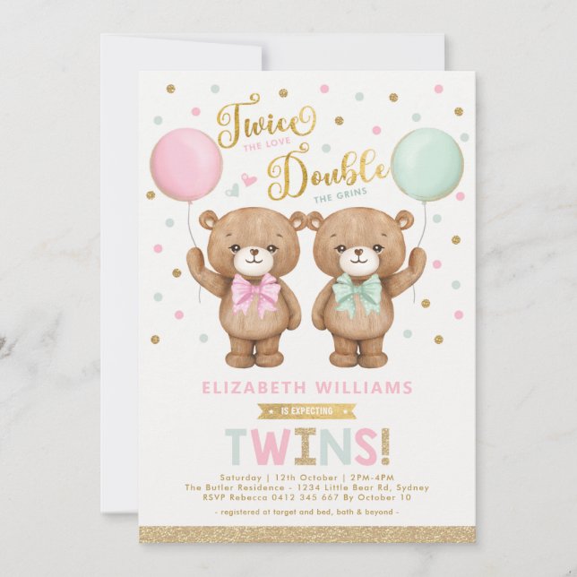 Invitation Baby shower jumeau rose vert Teddy Bear (Devant)