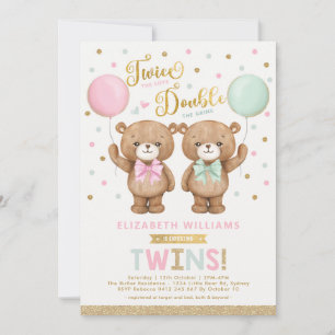 Invitation Baby shower jumeau rose vert Teddy Bear