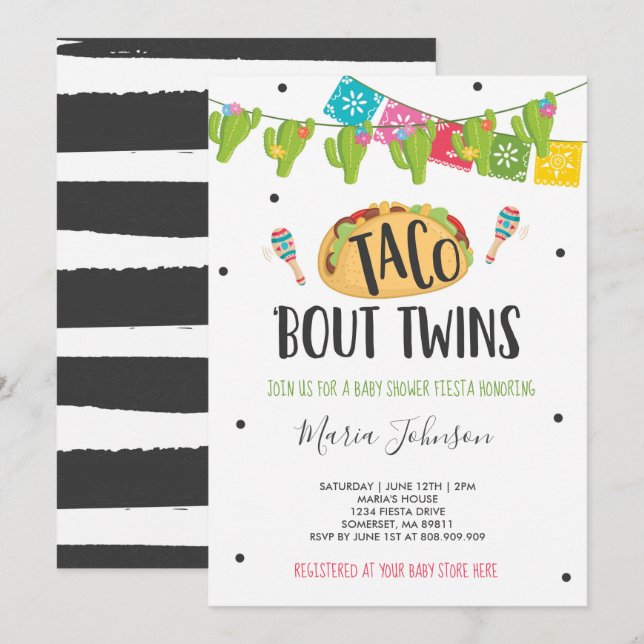 Invitation Baby shower jumeau Taco 'Bout Twins Fiesta (Devant / Derrière)