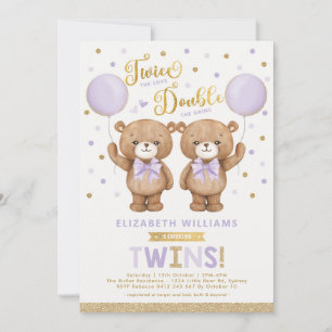 Invitation Baby shower jumeau violet or Teddy Bear Balloon