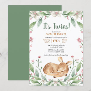 Invitation Baby shower Jumeaux à fleurs de cerfs de bois