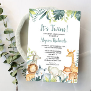 Invitation Baby shower jumeaux animaux safari neutres de genr