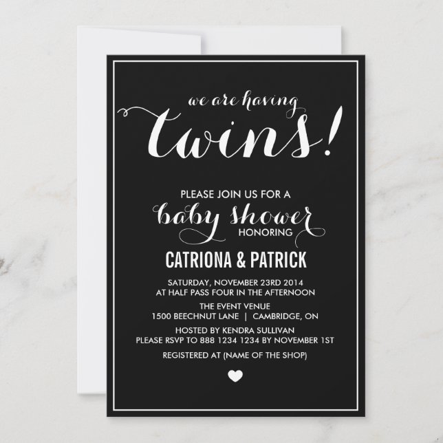 Invitation Baby shower Jumeaux Black & White Scrip (Devant)