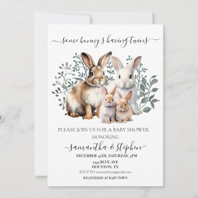 Invitation Baby shower jumeaux Bunny Aquarelle Couples (Devant)