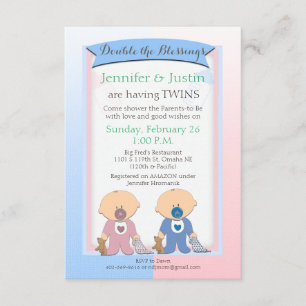Invitation Baby shower jumeaux Couvertures bleu et rose (Jen)