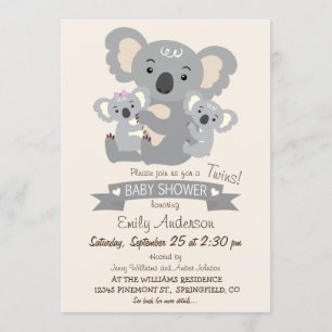 Invitation Baby shower jumeaux Cute Koala