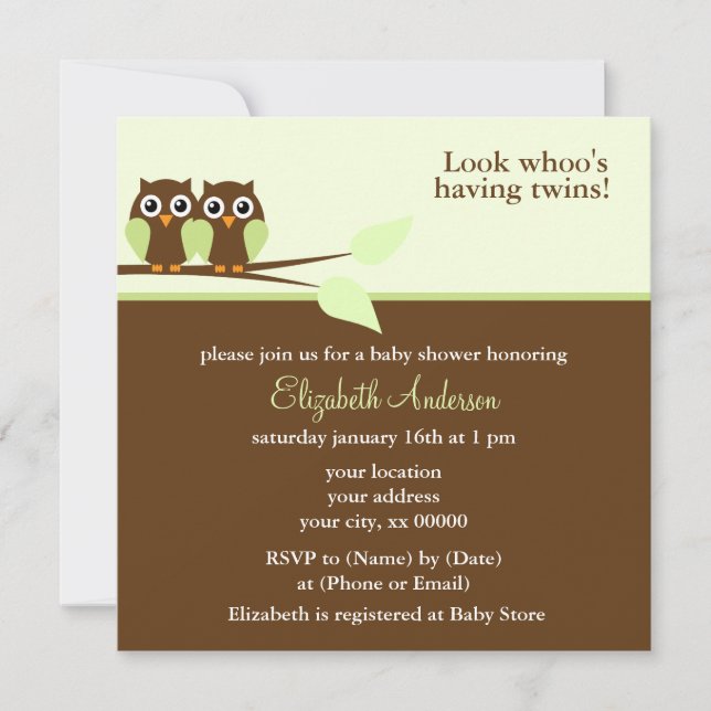 Invitation Baby shower jumeaux de Green Owls (Devant)