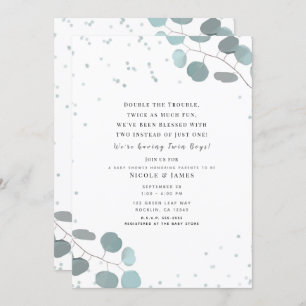 Invitation Baby shower jumeaux Feuilles Green Eucalyptus