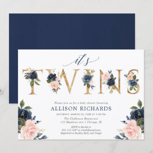 Invitation Baby shower jumeaux, fille garçon jumeaux rose ble